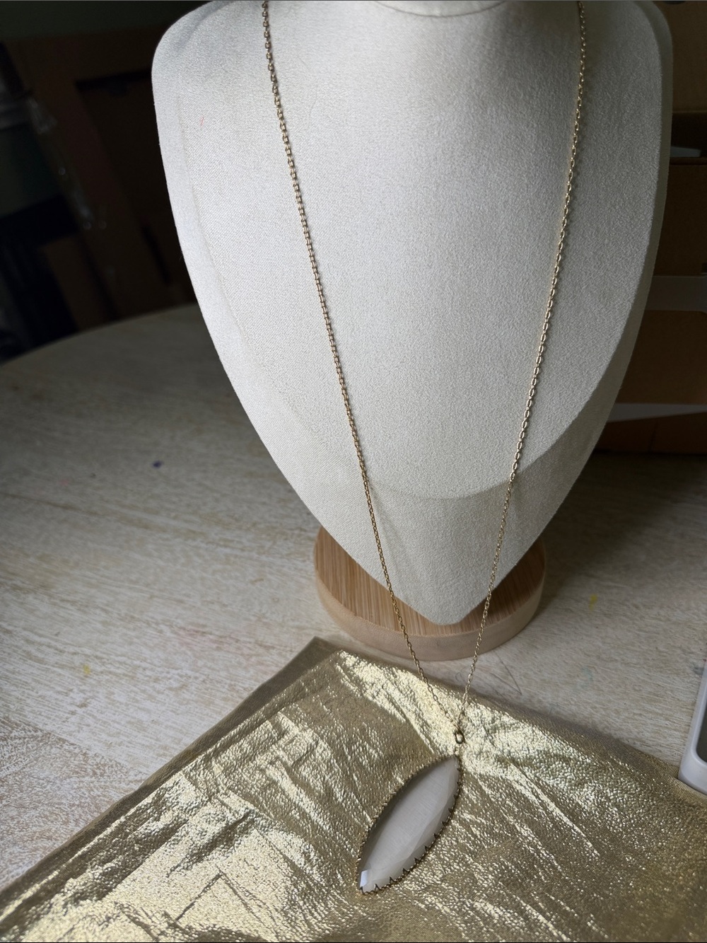 Gold Long Pendant Necklace with White Marquise Stone - Brand